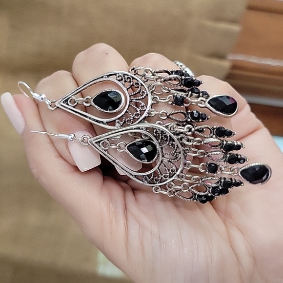 Hand Crafted Jewelry - 🔥LAST PAIR🔥 Black Gypsy Boho Dangle Drop Earrings, S925